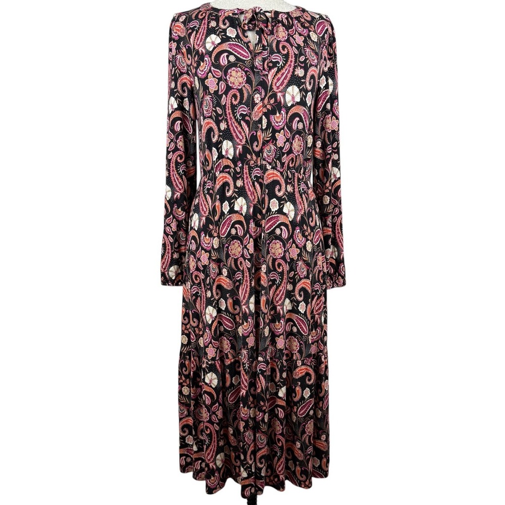 LOFT Midi Dress Women Medium Multi Color Paisley Tiered Keyhole Long Sleeve Boho